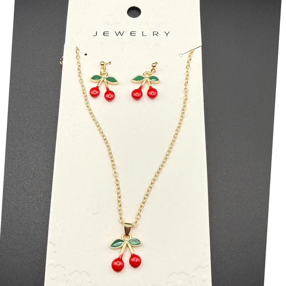 Gold Tone Cherry Pendant Necklace and Matching Stud Earrings Jewelry Set